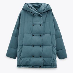 ZARA  DOUBLE BREASTED BLUE HOODED PUFFER COAT L
